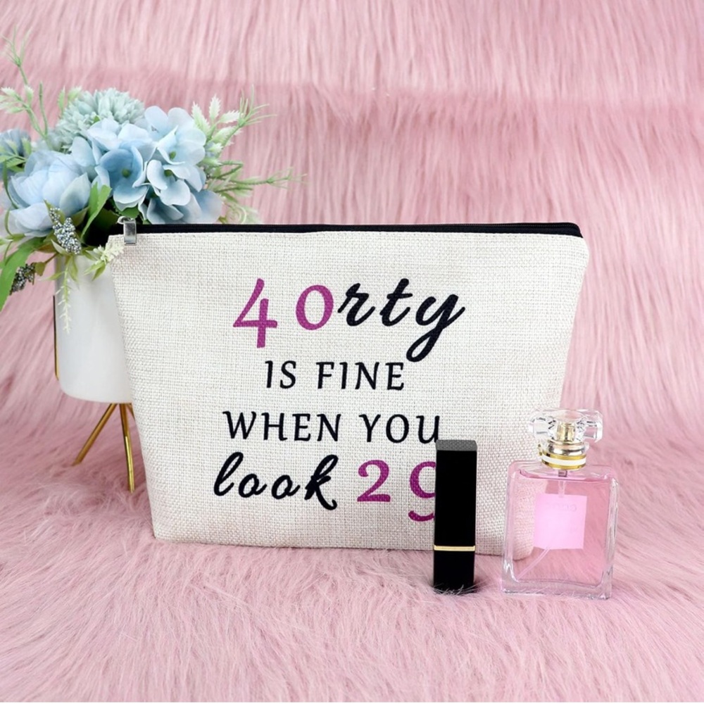 Playful Cream and Black Cosmetic Bag with Humorous Text